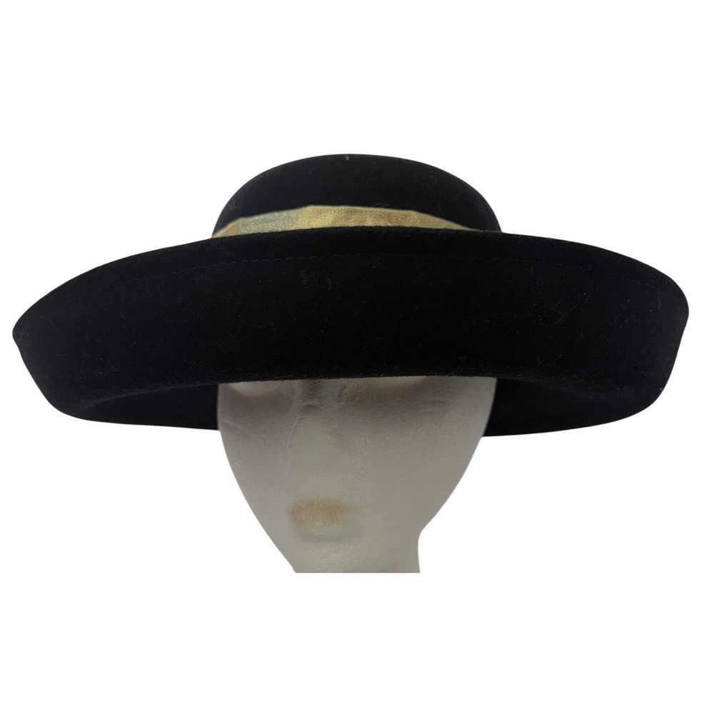Vintage Arlin Black Wool Wide Brim Hat Gold Metallic Band Flower Made in USA